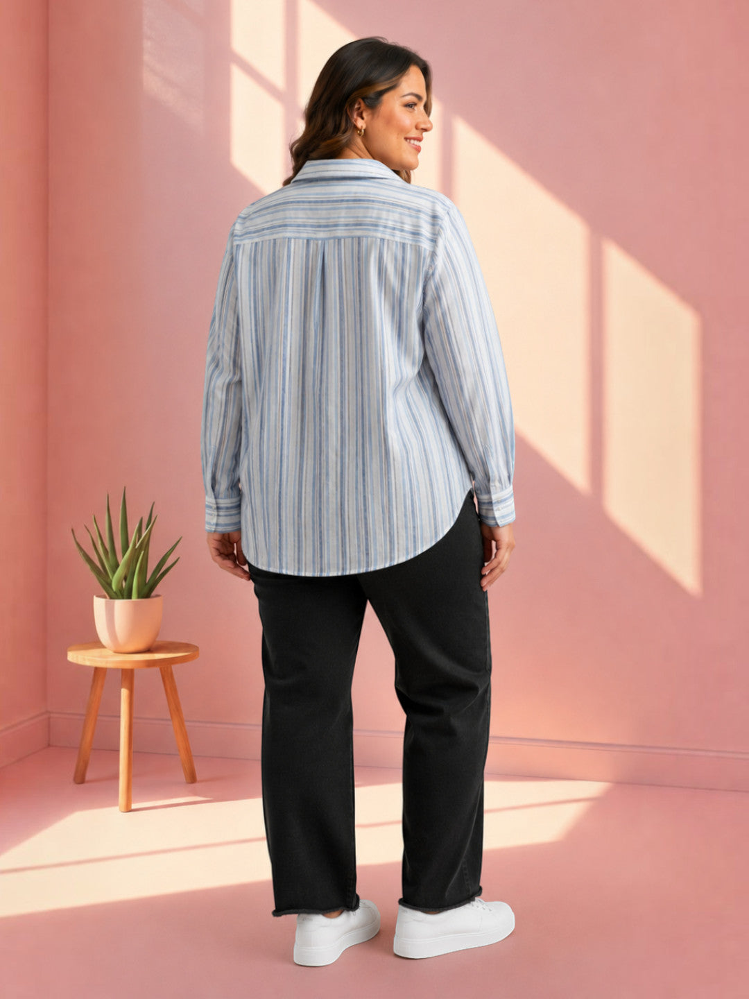 Women Plus Size Blue Stripes Cotton Shirt Oxolloxo