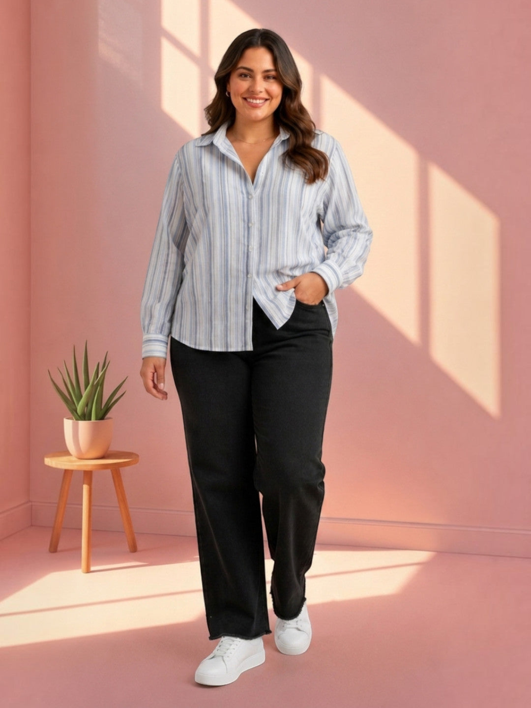 Women Plus Size Blue Stripes Cotton Shirt Oxolloxo
