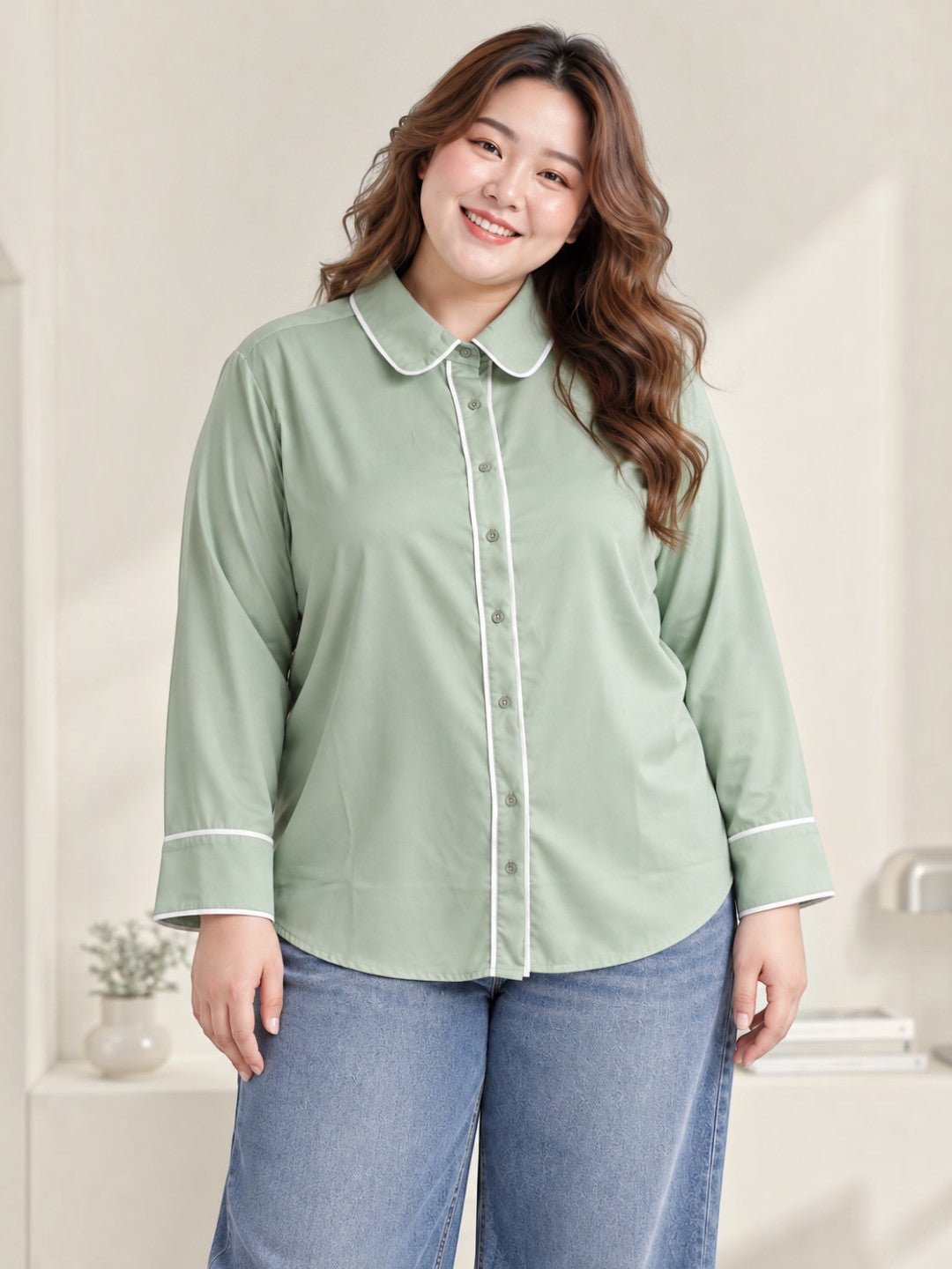 Women plus size green solid contrast piping long sleeve shirt - front view
