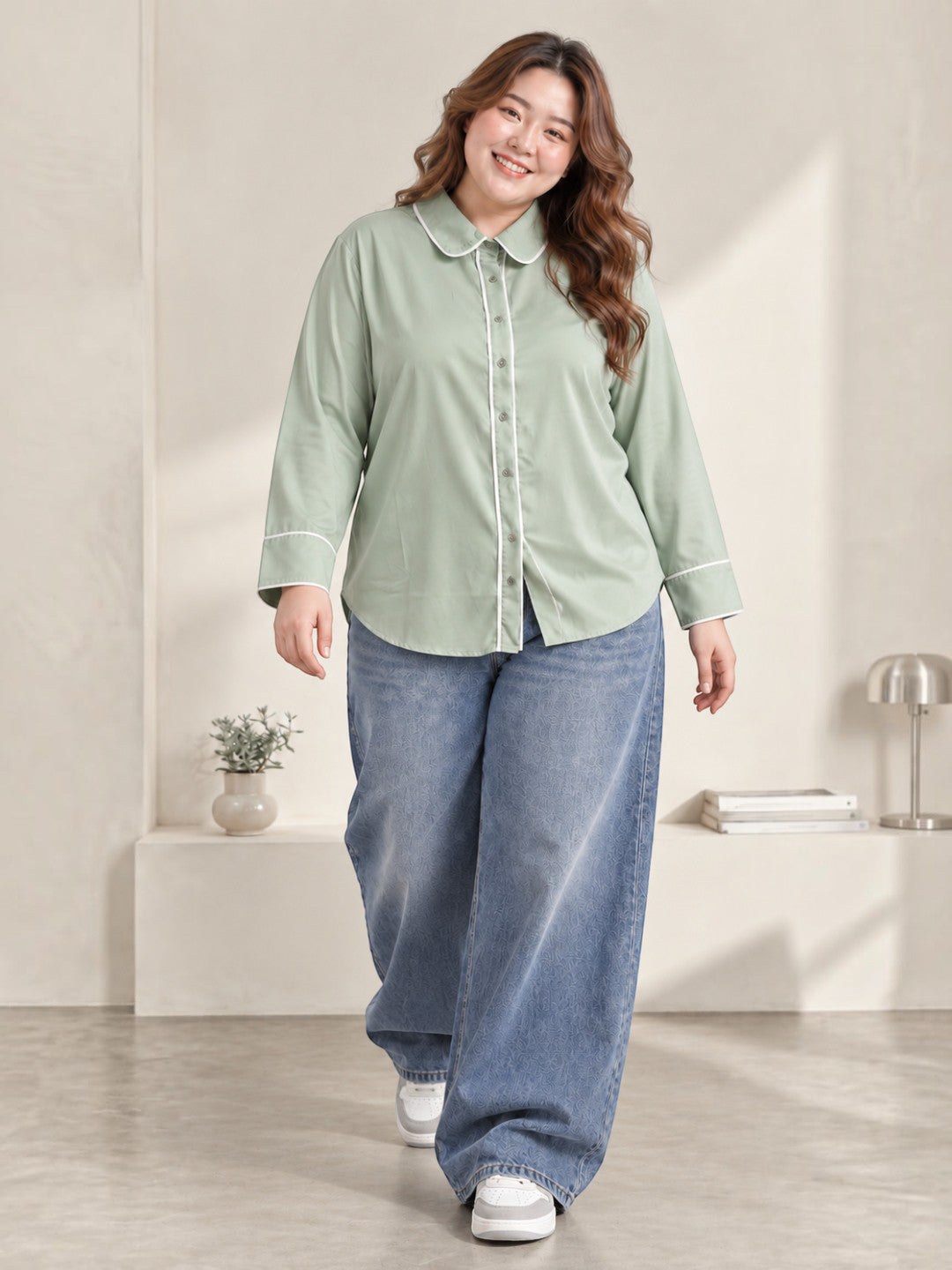 Tie knot cuff detail on plus size green shirt