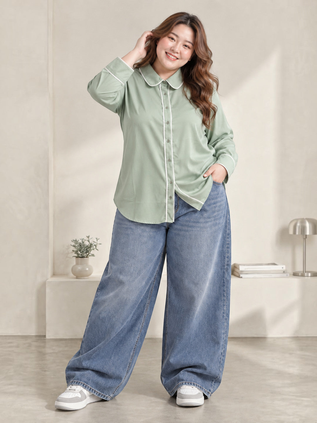 Oxolloxo plus size green contrast piping shirt styled look
