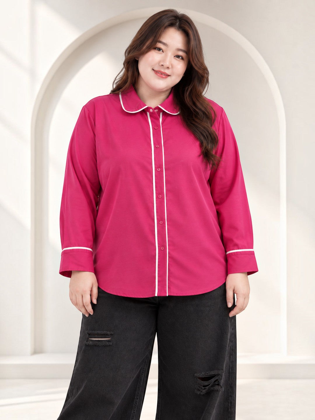 Women plus size pink solid contrast piping long sleeve shirt - front view