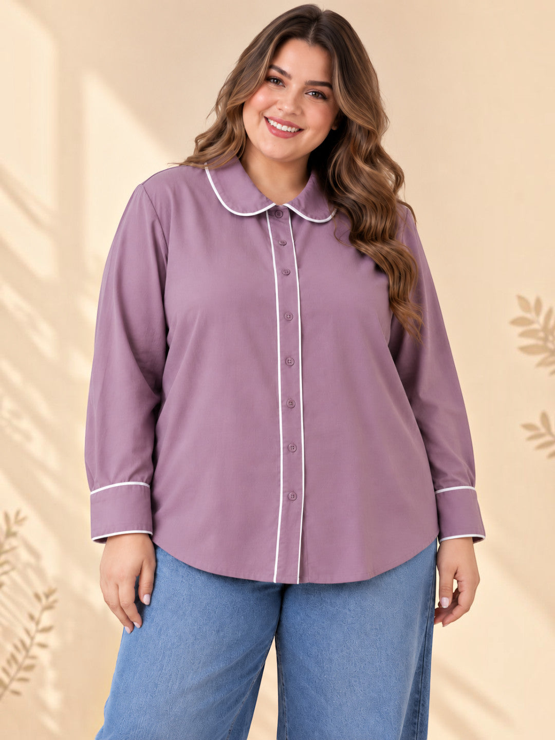 Women plus size purple solid contrast piping long sleeve shirt - front view