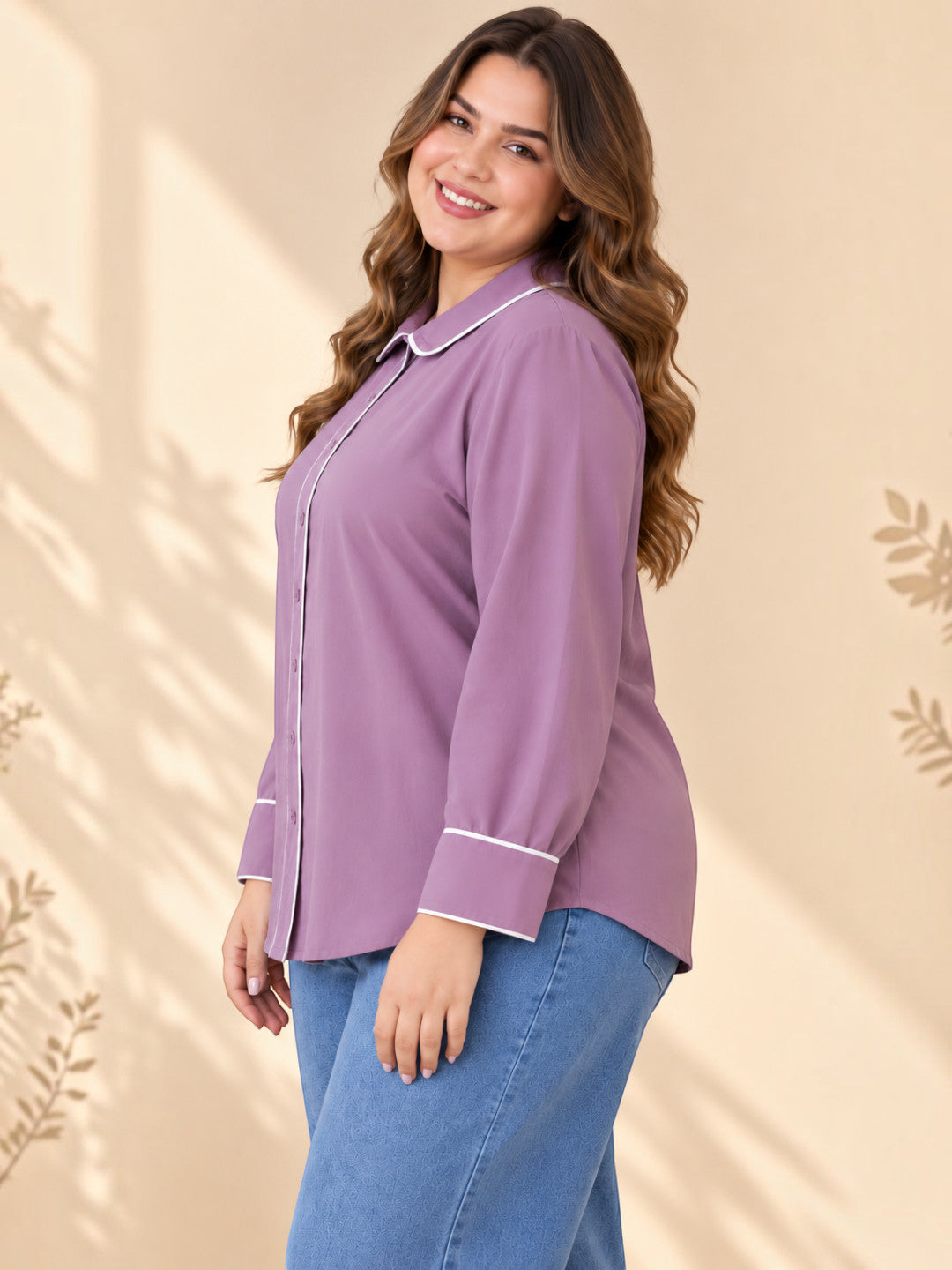 Plus size purple shirt with contrast piping on collar and placket