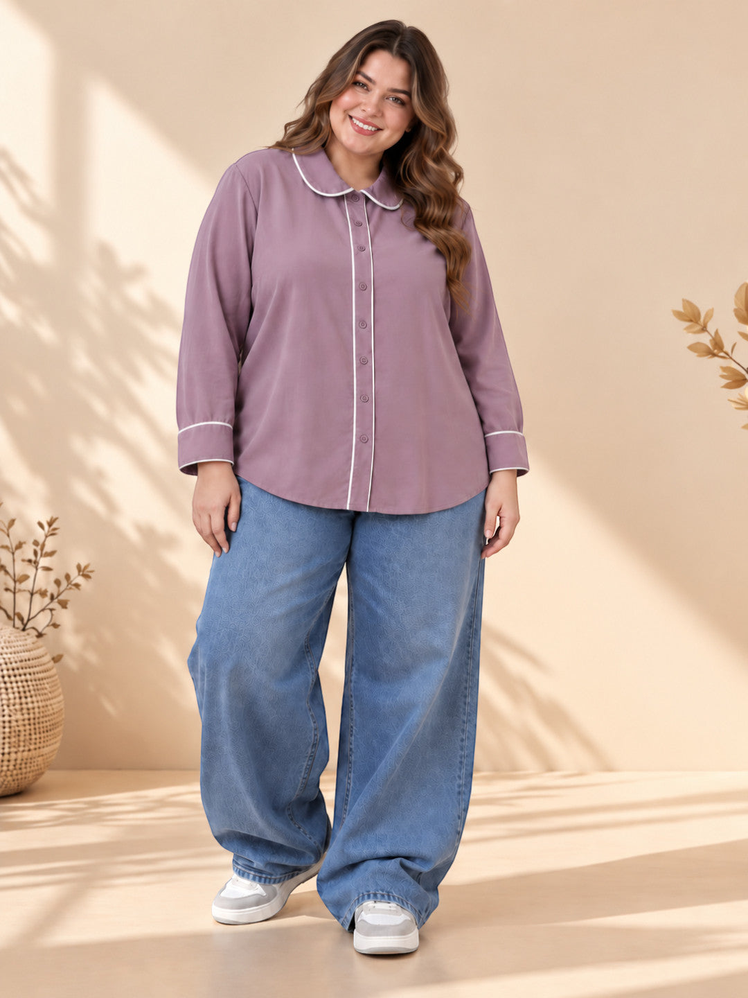 Tie knot cuff detail on plus size purple shirt