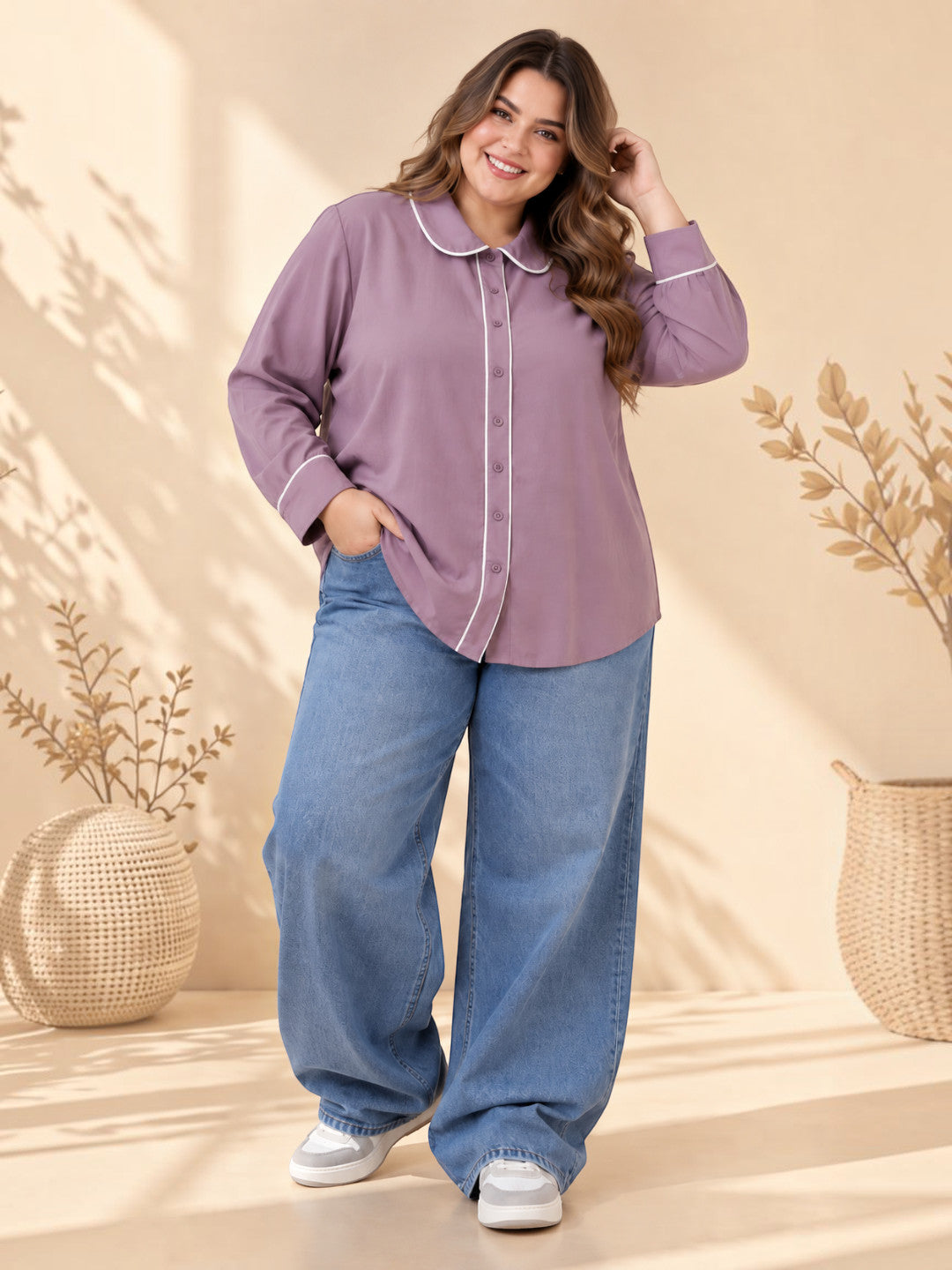 Close-up of contrast piping on purple shirt
