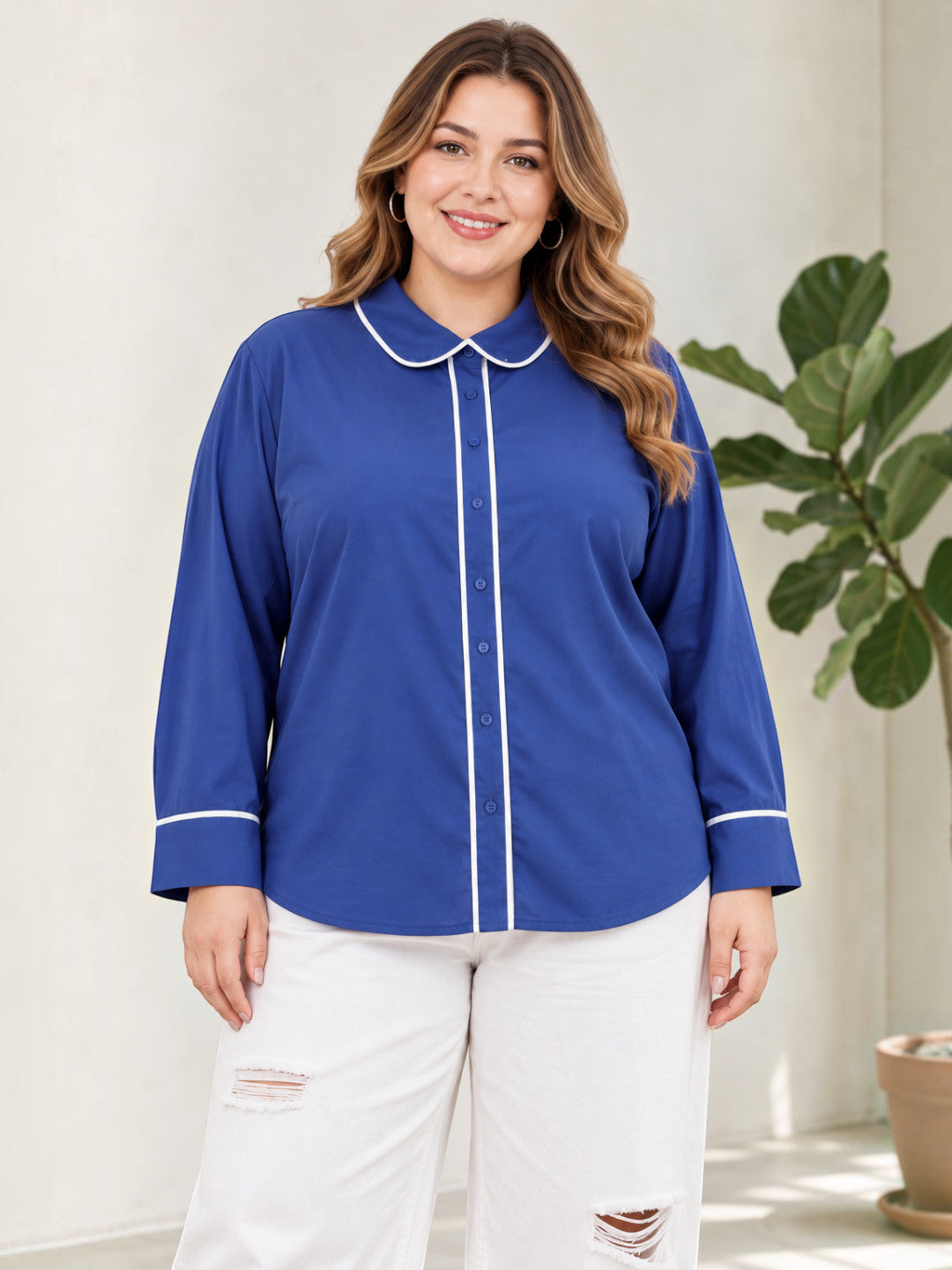 Women plus size dark blue solid contrast piping long sleeve shirt - front view