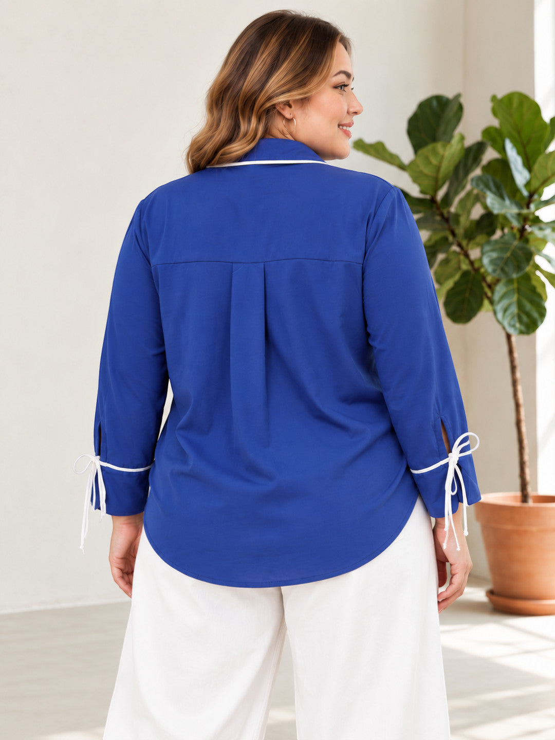 Plus size dark blue solid shirt - side view