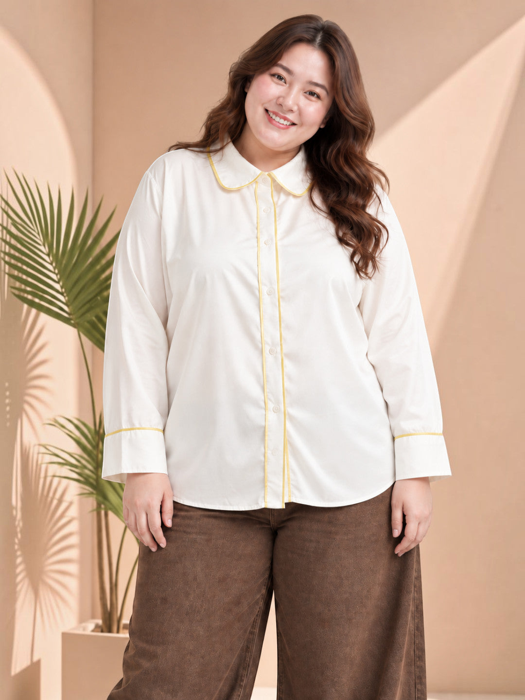 Women plus size white solid contrast piping long sleeve shirt - front view