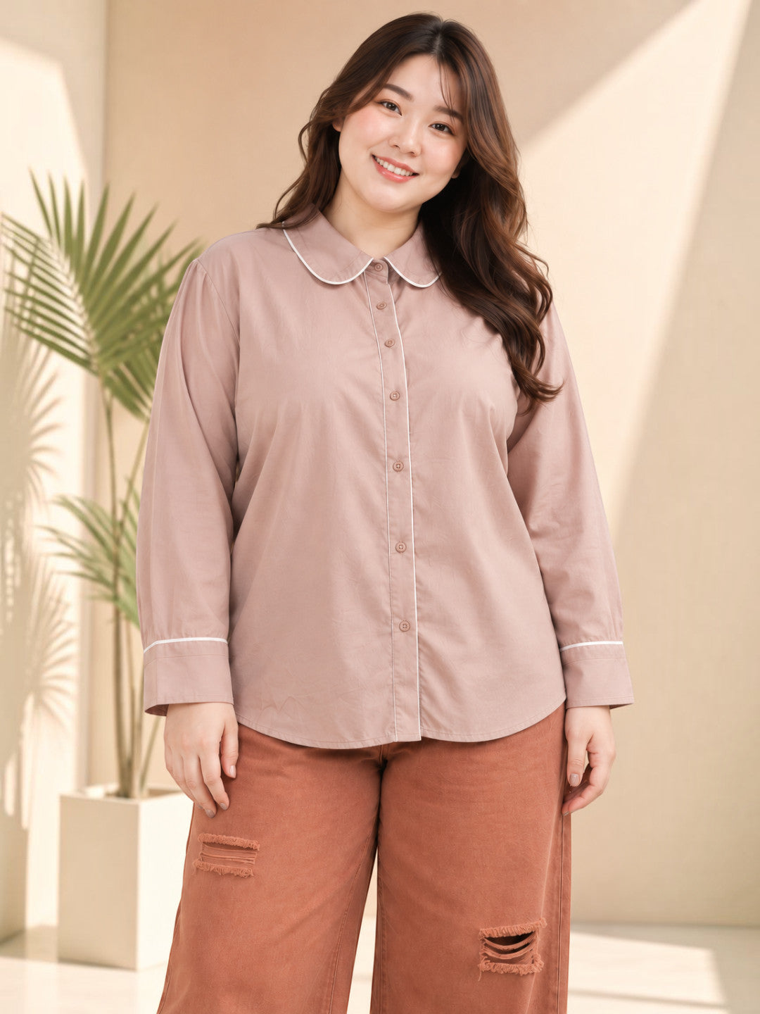 Women plus size dusty pink solid contrast piping long sleeve shirt - front view