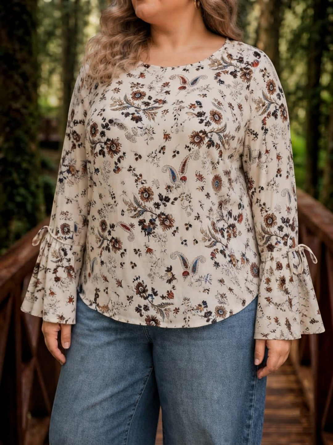 Women Plus Size White Floral Print Round Neck Long Tie-UP Detail Bell Sleeve Top