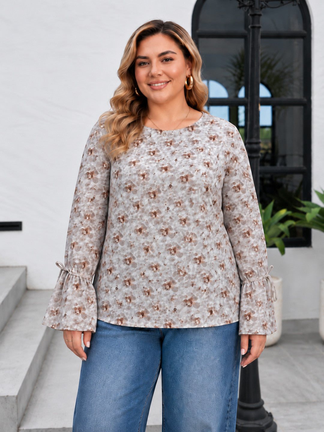 Women Plus Size Beige Floral Print Round Neck Long Tie-UP Detail Bell Sleeve Top