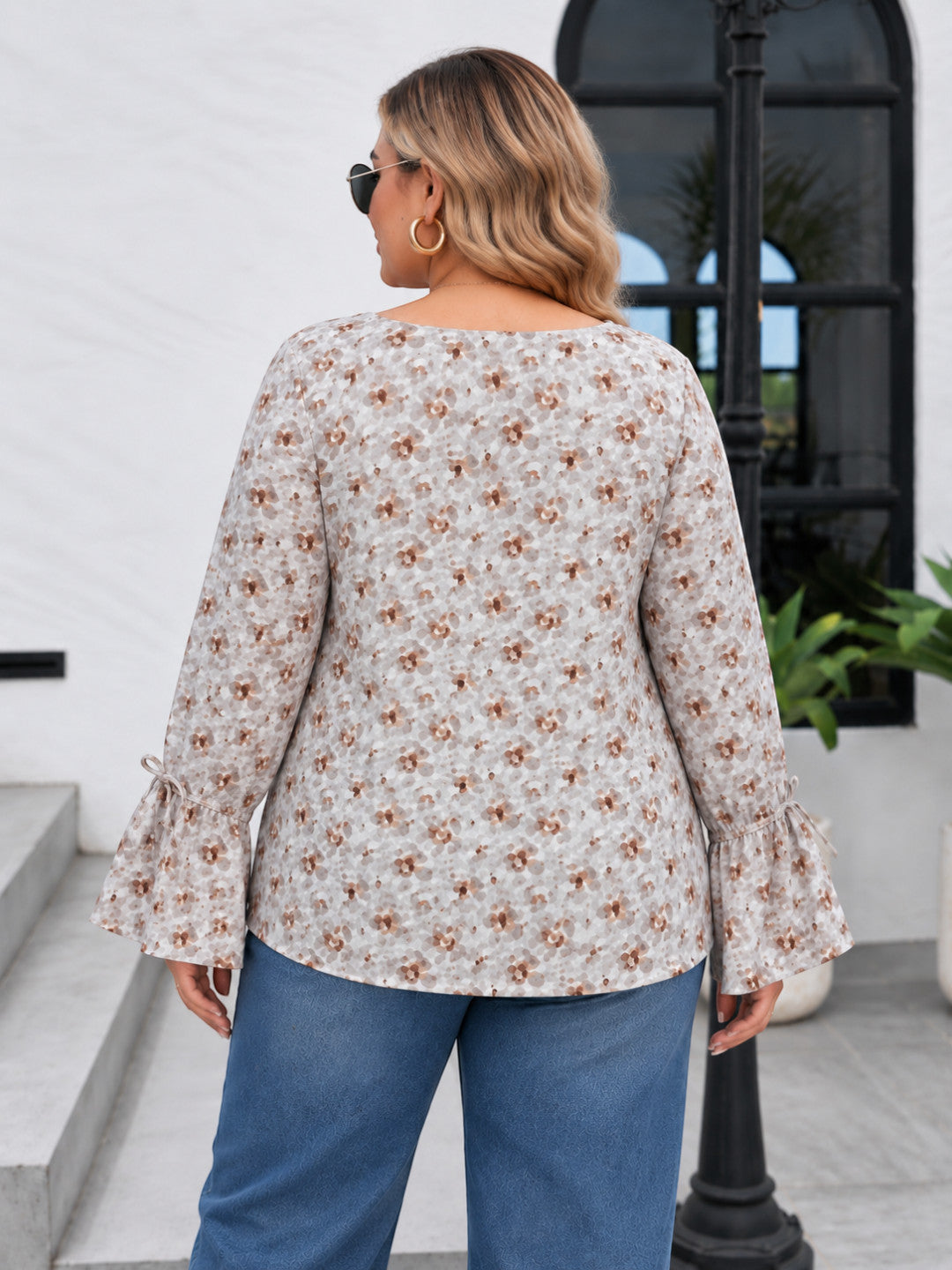 Women Plus Size Beige Floral Print Round Neck Long Tie-UP Detail Bell Sleeve Top