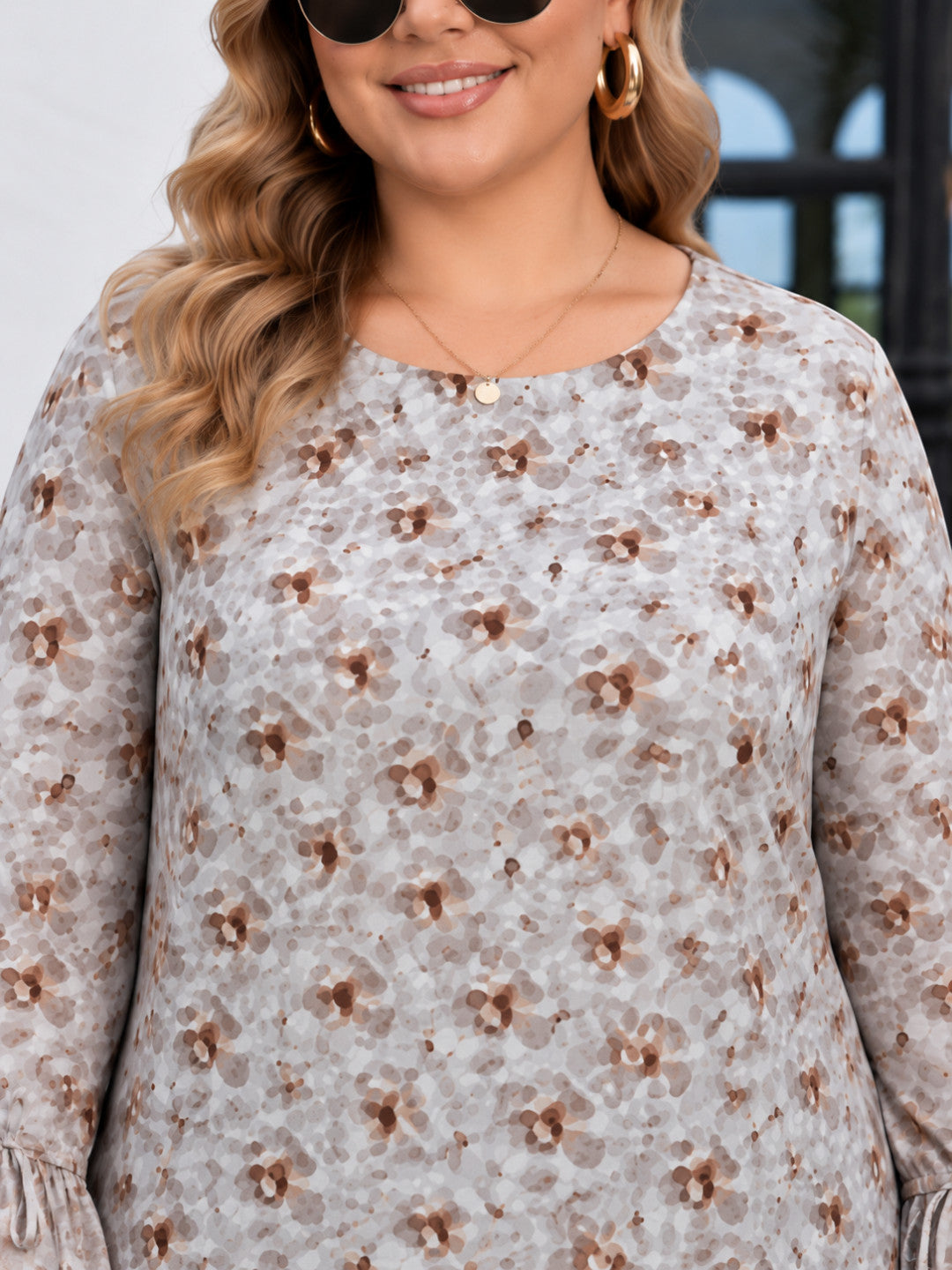 Women Plus Size Beige Floral Print Round Neck Long Tie-UP Detail Bell Sleeve Top