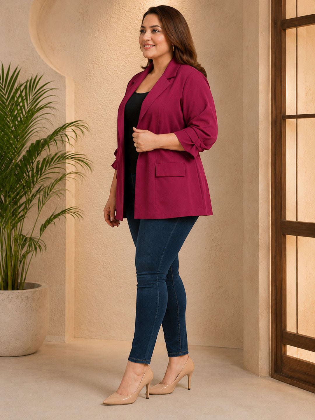 Women Plus Size Maroon Blazer