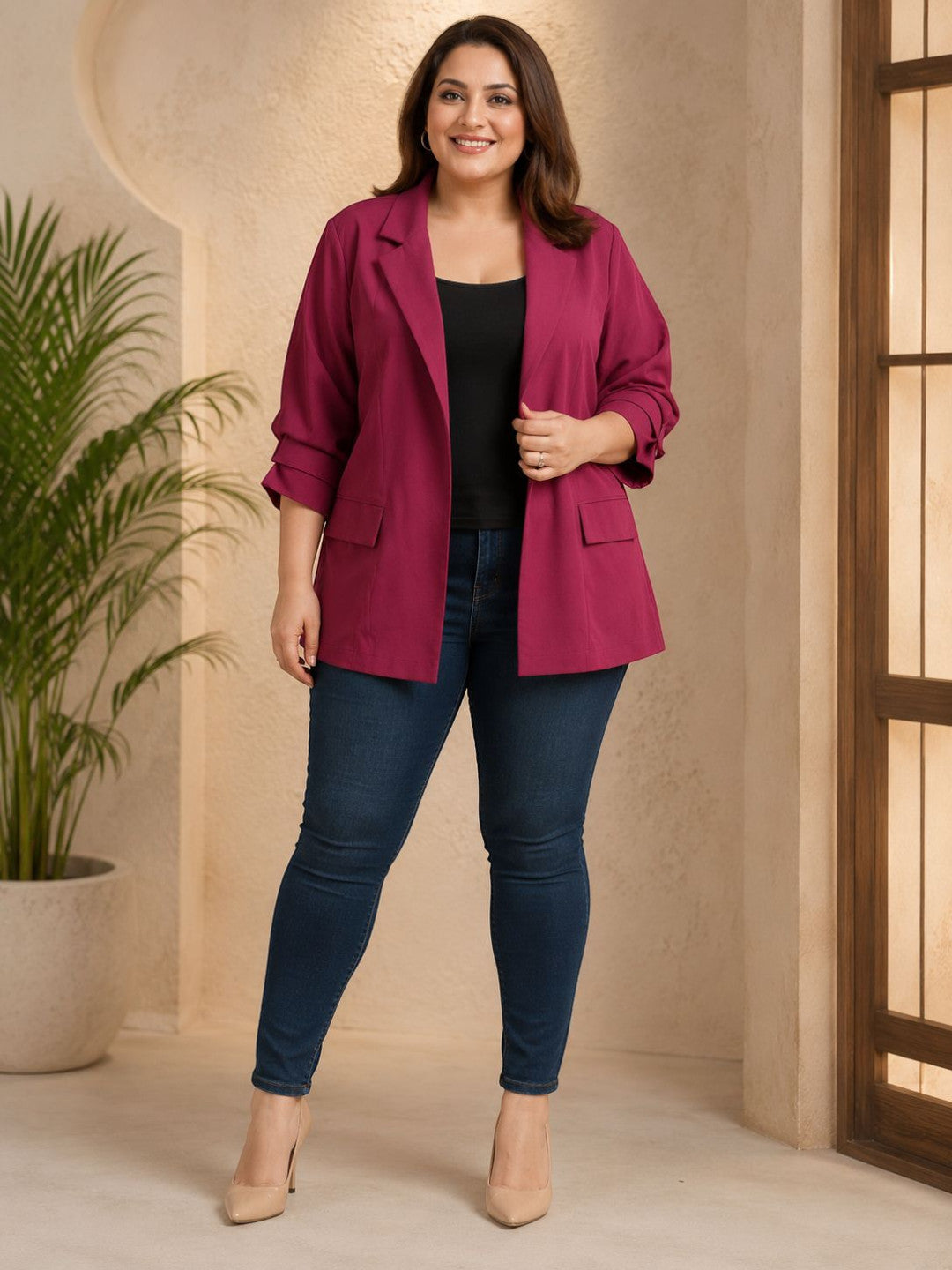 Women Plus Size Maroon Blazer
