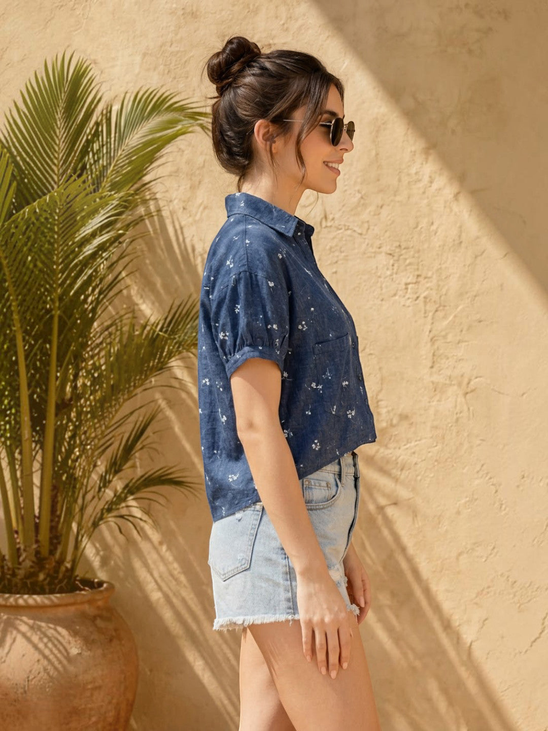 Women Blue Embroidered Cotton Shirt Oxolloxo