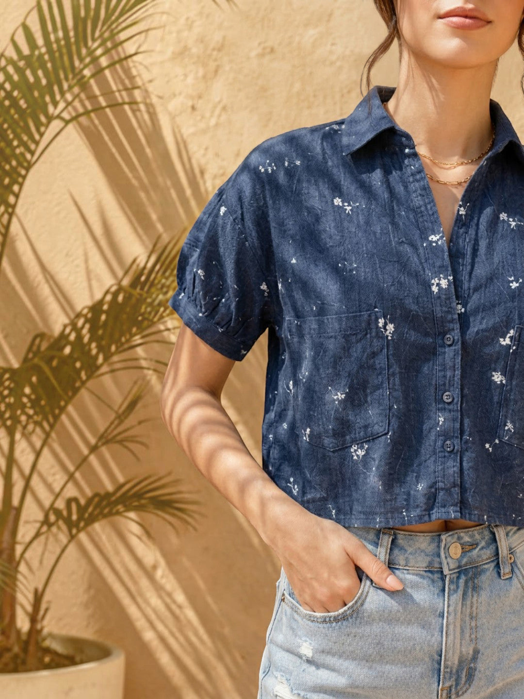Women Blue Embroidered Cotton Shirt Oxolloxo