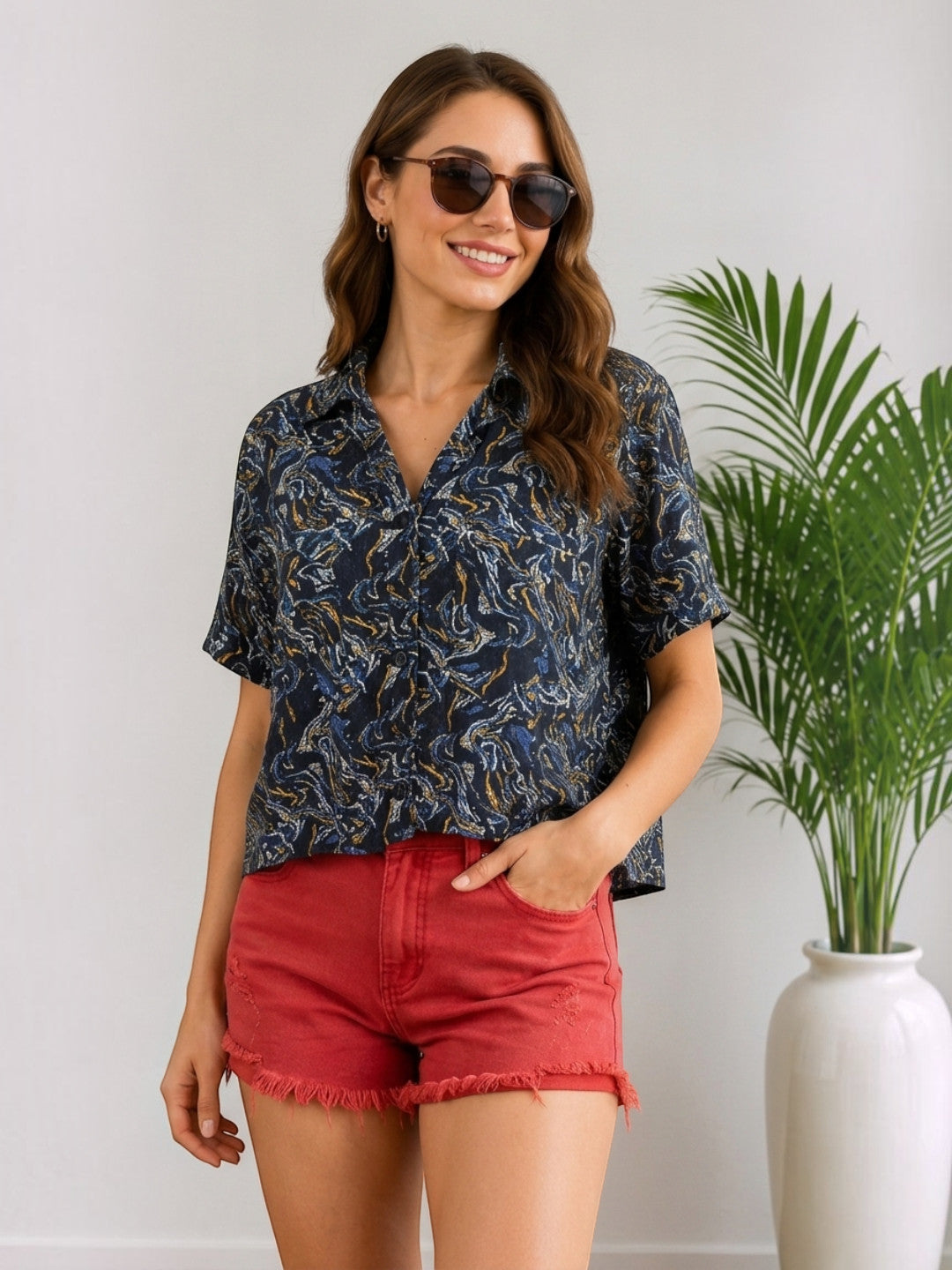 Women Black Abstract Paisley Print Shirt Oxolloxo