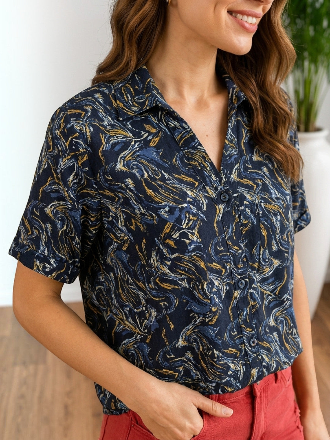 Women Black Abstract Paisley Print Shirt Oxolloxo