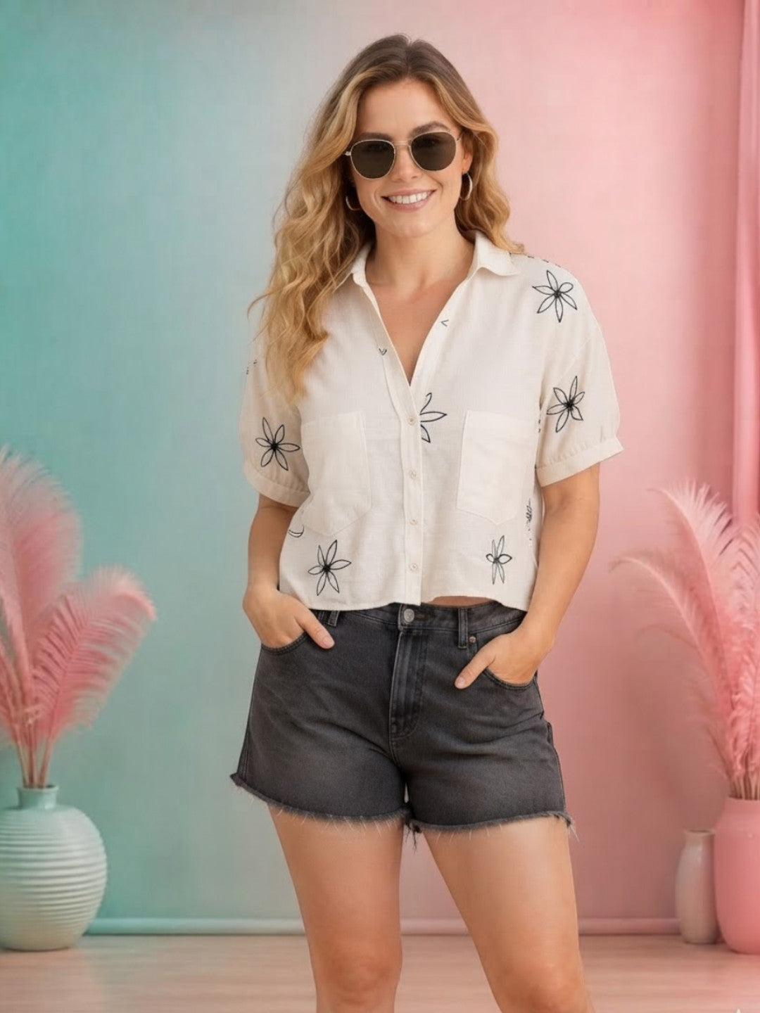 Women Off-White Embroidered Cotton Shirt Oxolloxo