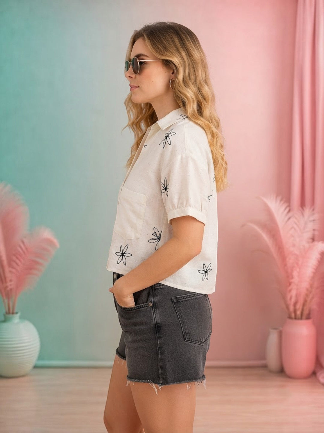 Women Off-White Embroidered Cotton Shirt Oxolloxo