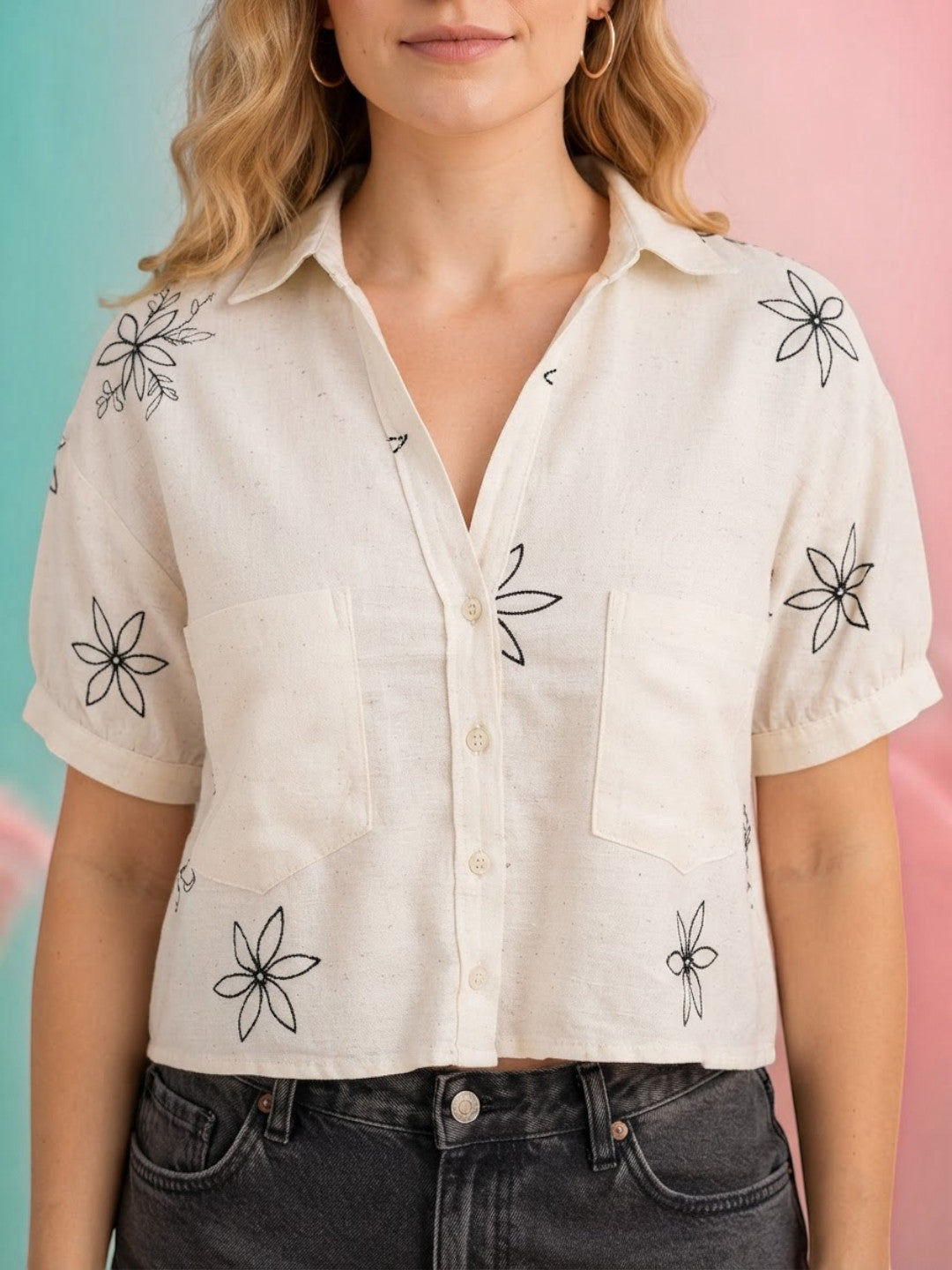 Women Off-White Embroidered Cotton Shirt Oxolloxo