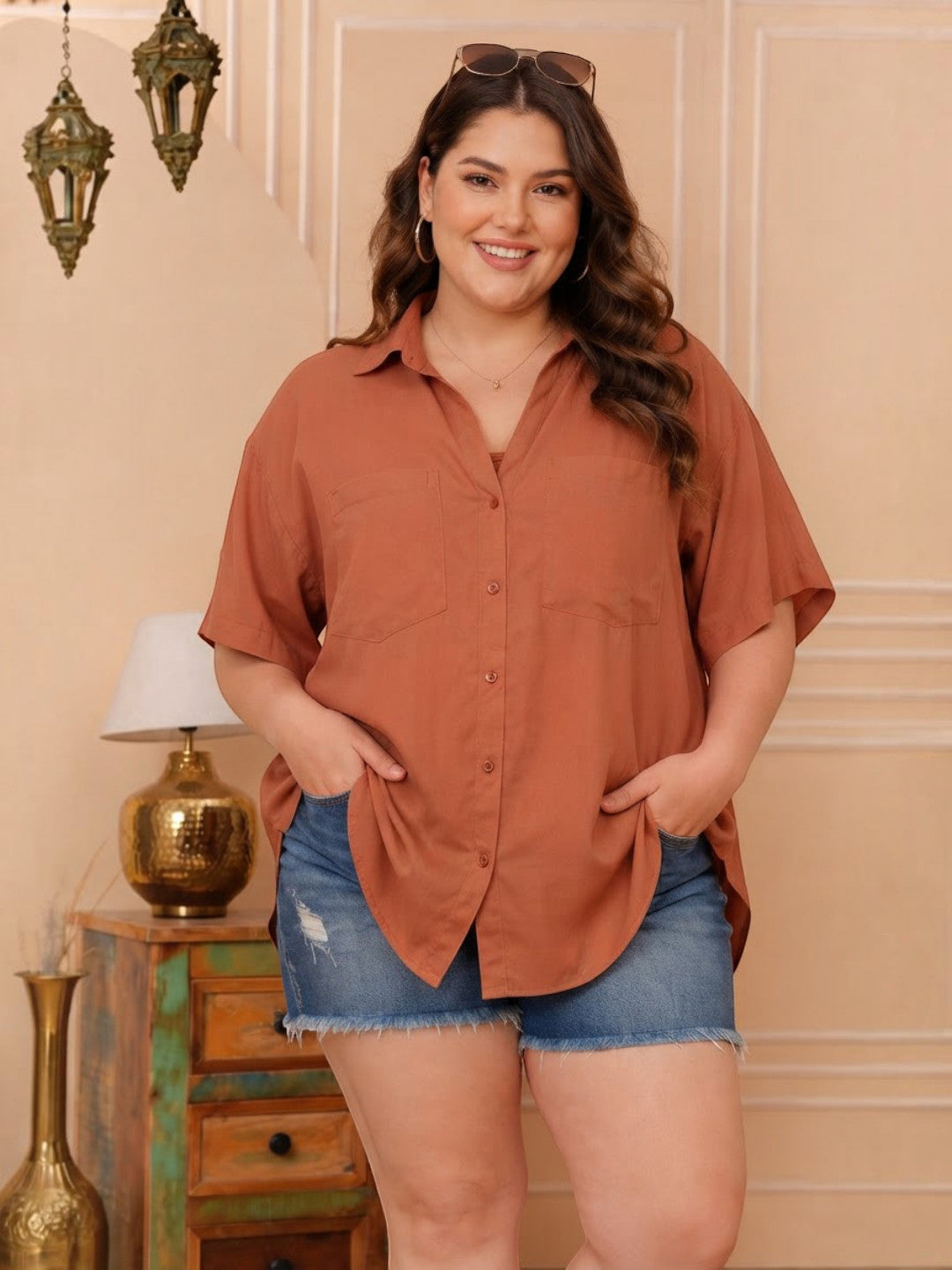 Women Plus Size Rust Viscose Shirt Oxolloxo