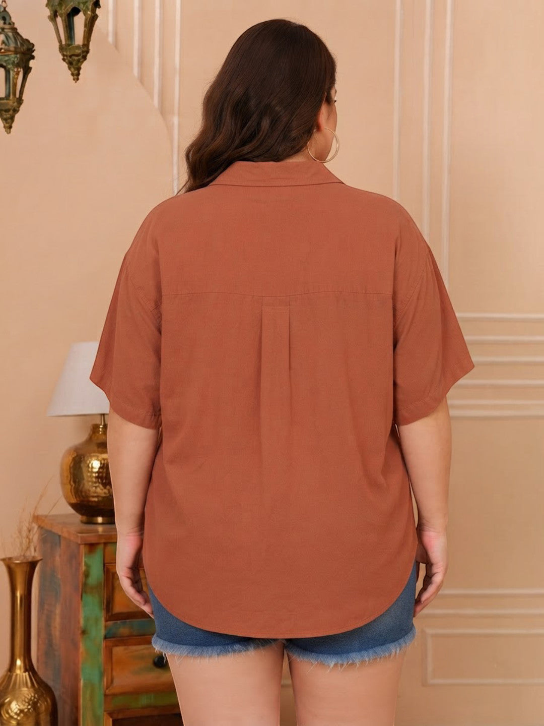 Women Plus Size Rust Viscose Shirt Oxolloxo