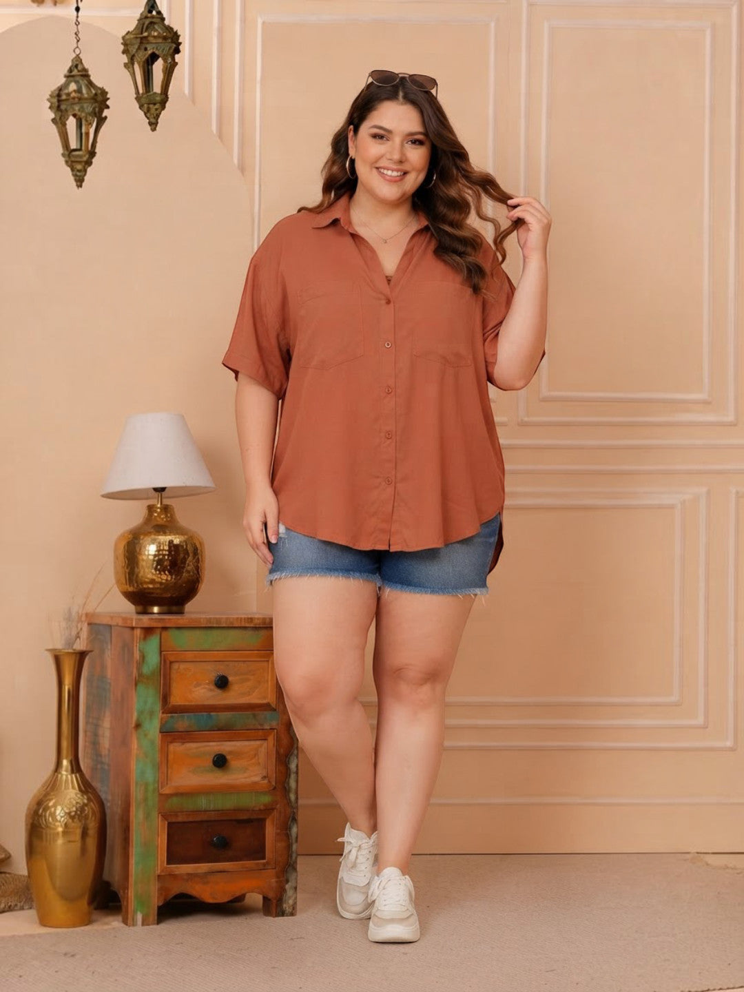 Women Plus Size Rust Viscose Shirt Oxolloxo