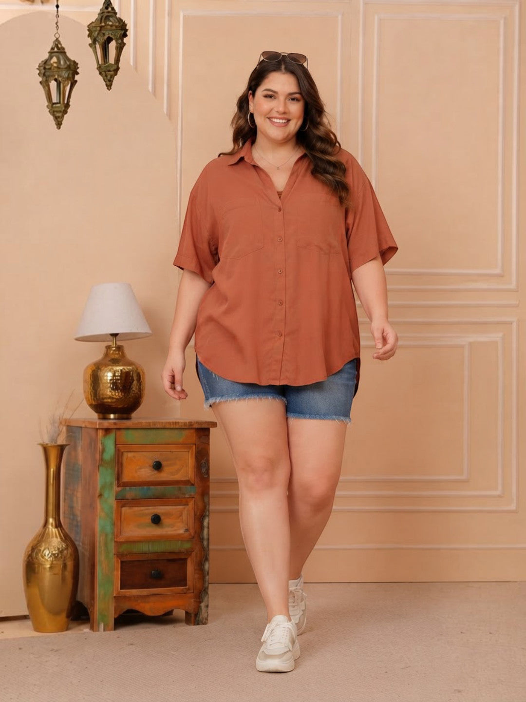 Women Plus Size Rust Viscose Shirt Oxolloxo