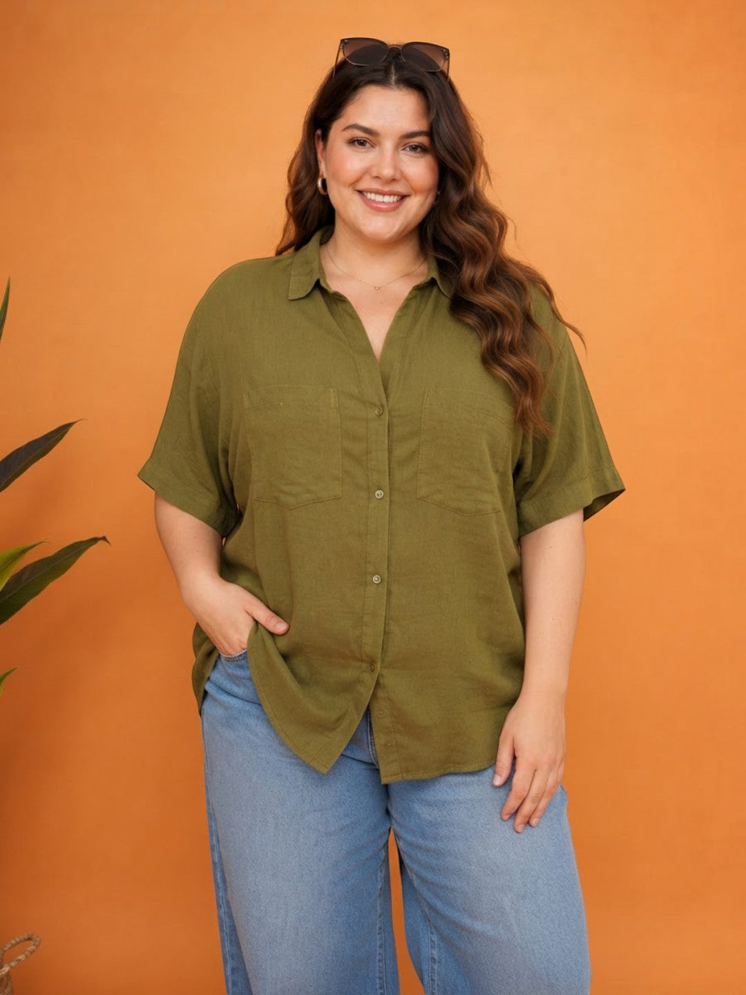 Women Plus Size Khaki Cotton Shirt Oxolloxo