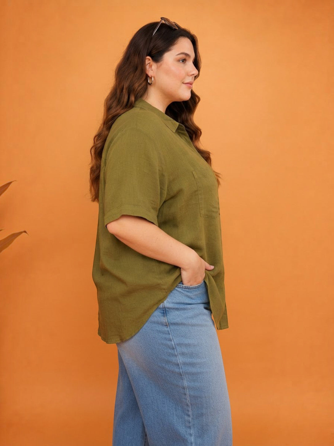 Women Plus Size Khaki Cotton Shirt Oxolloxo