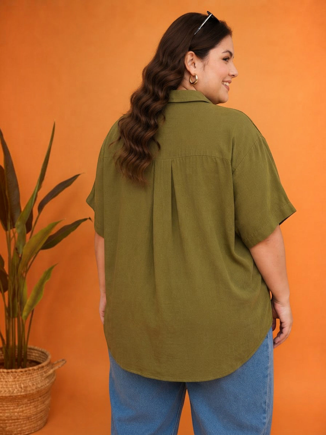 Women Plus Size Khaki Cotton Shirt Oxolloxo