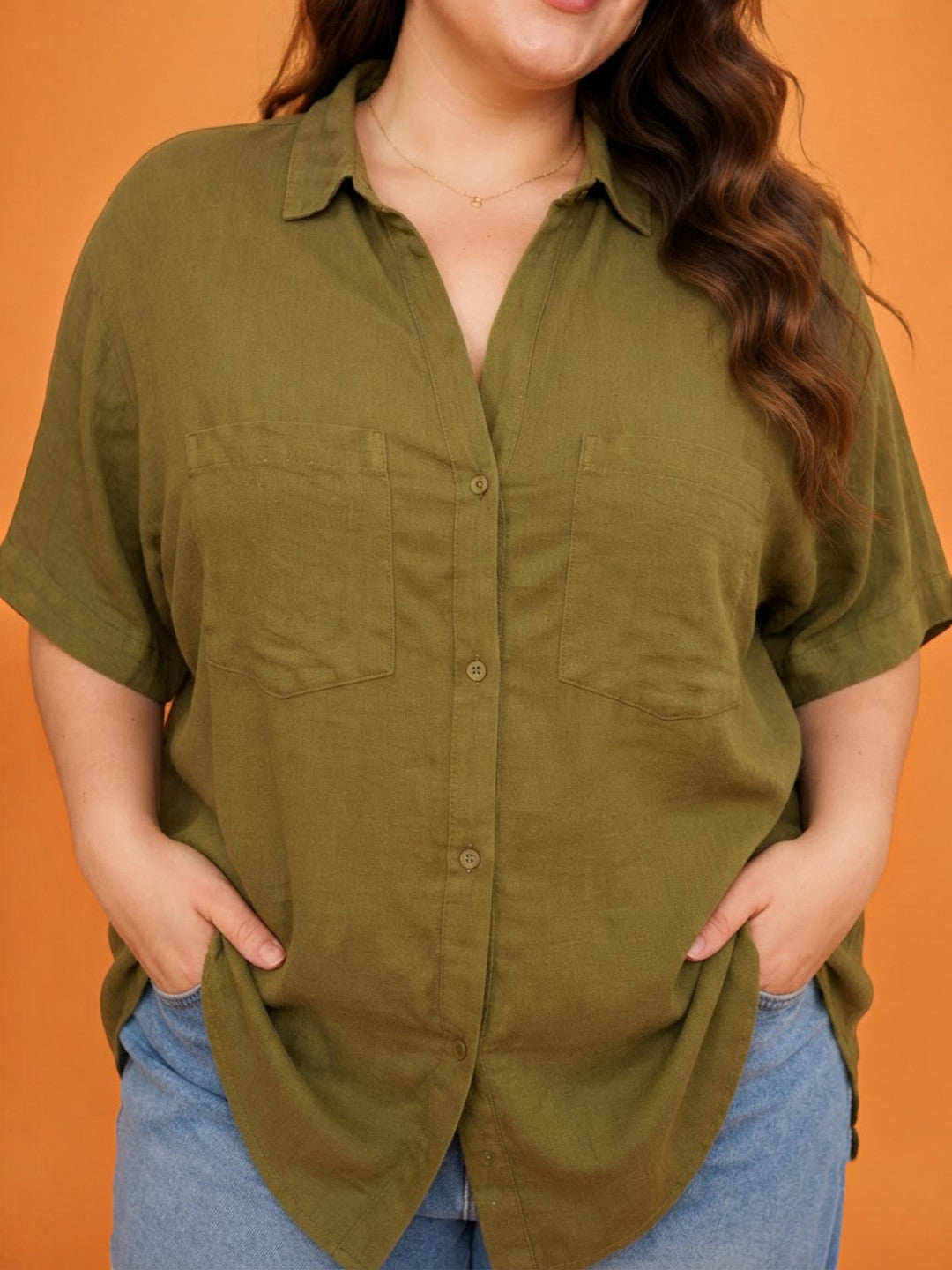 Women Plus Size Khaki Cotton Shirt Oxolloxo