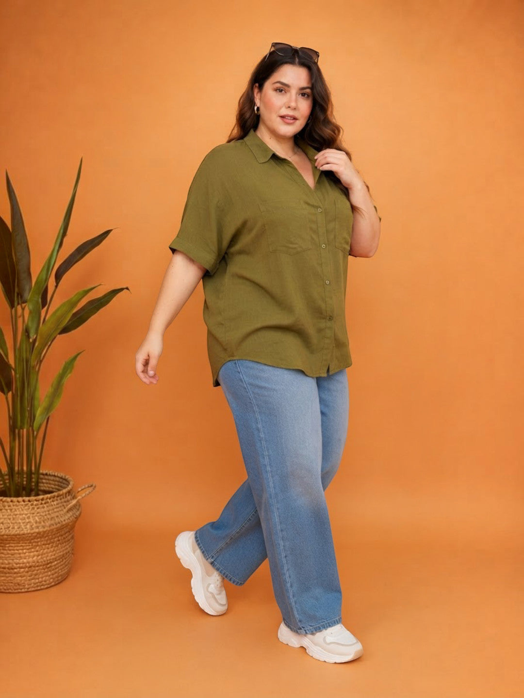 Women Plus Size Khaki Cotton Shirt Oxolloxo