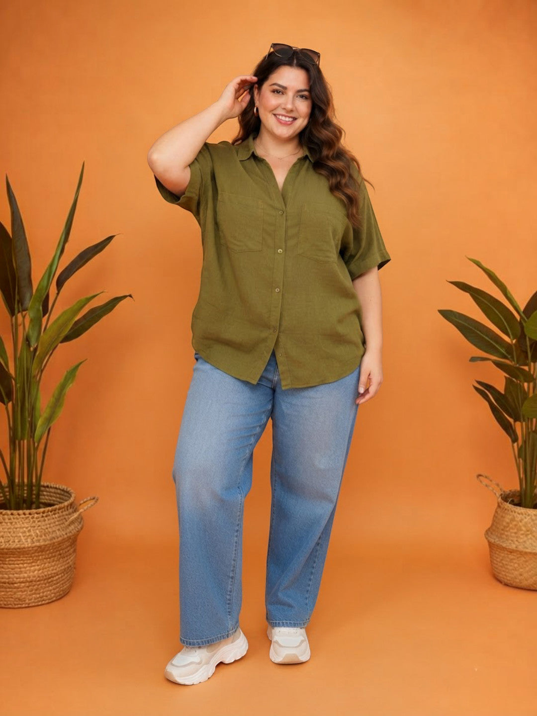 Women Plus Size Khaki Cotton Shirt Oxolloxo
