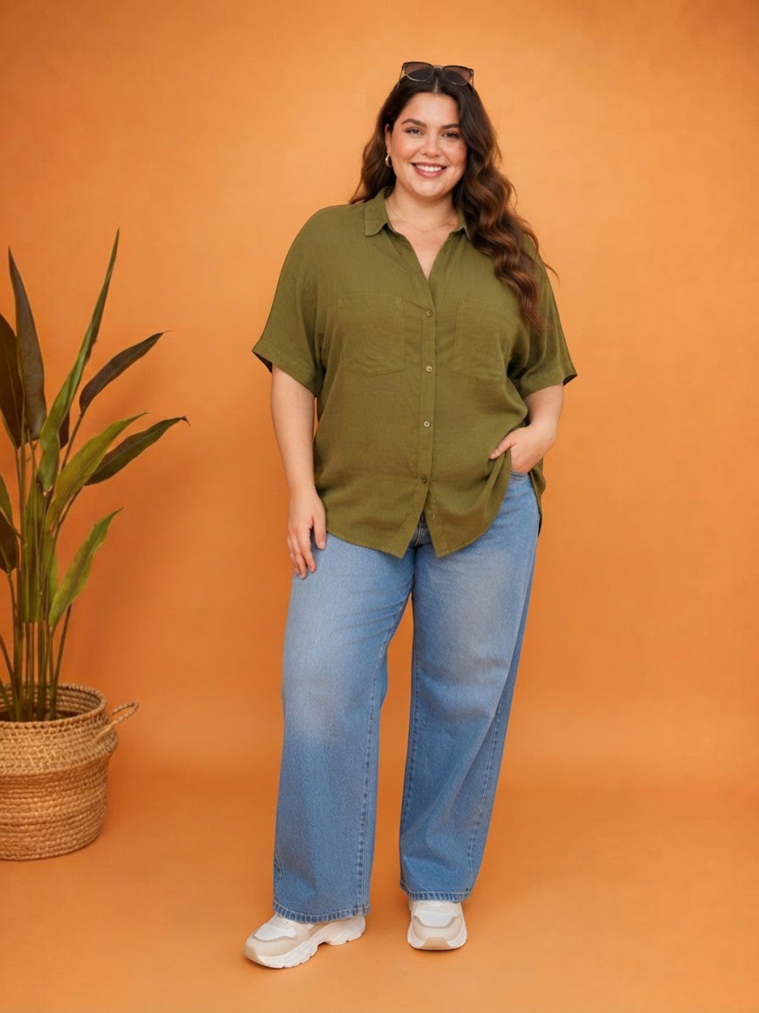 Women Plus Size Khaki Cotton Shirt Oxolloxo