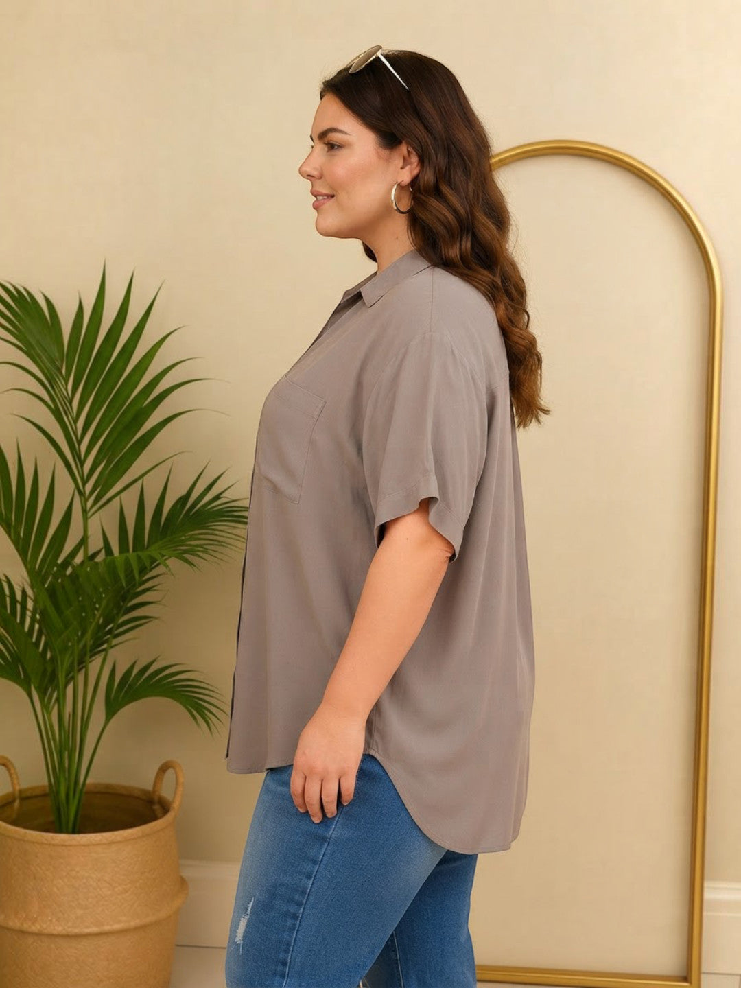 Women Plus Size Grey Cotton Shirt Oxolloxo