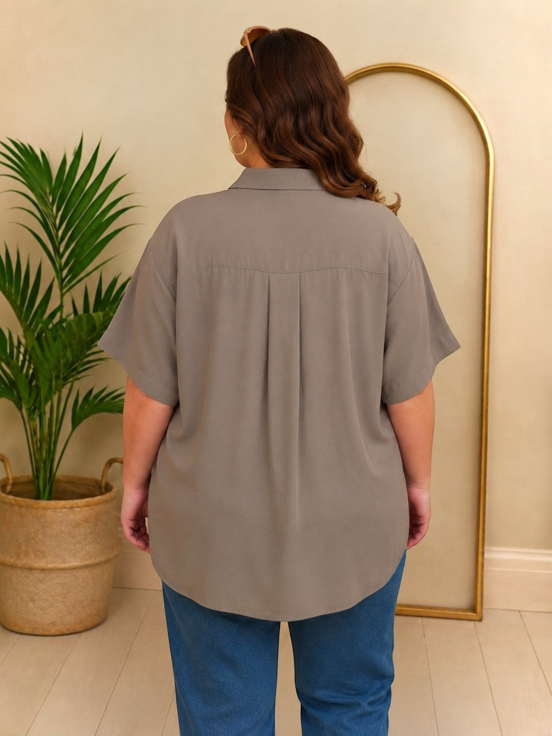 Women Plus Size Grey Cotton Shirt Oxolloxo