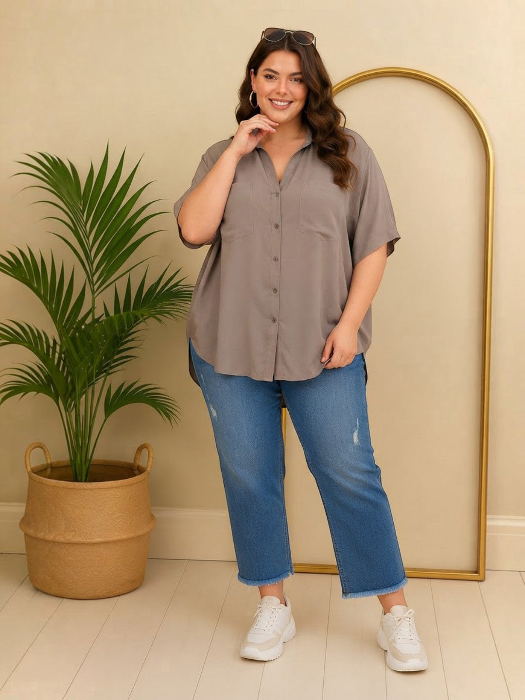Women Plus Size Grey Cotton Shirt Oxolloxo