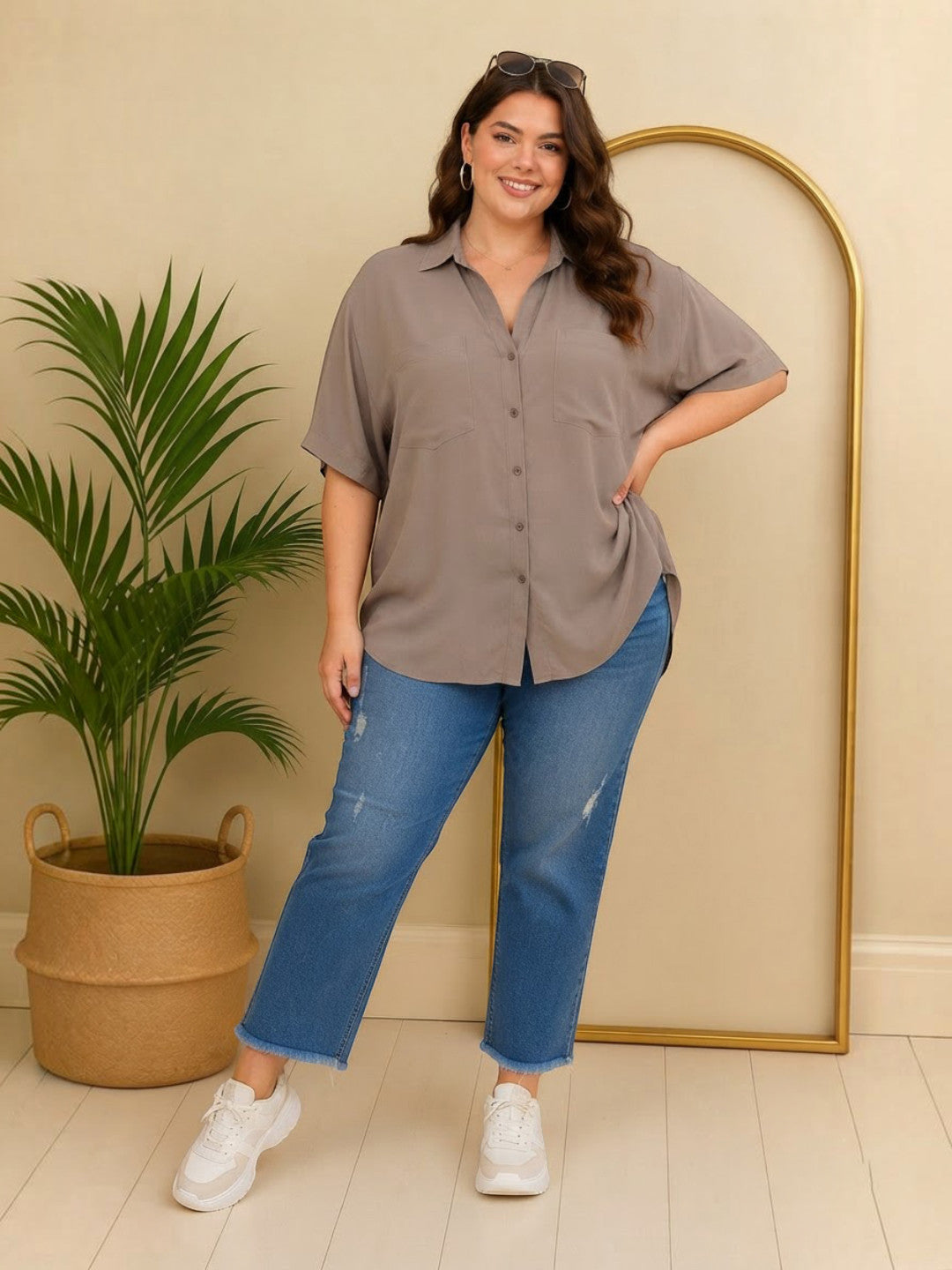 Women Plus Size Grey Cotton Shirt Oxolloxo