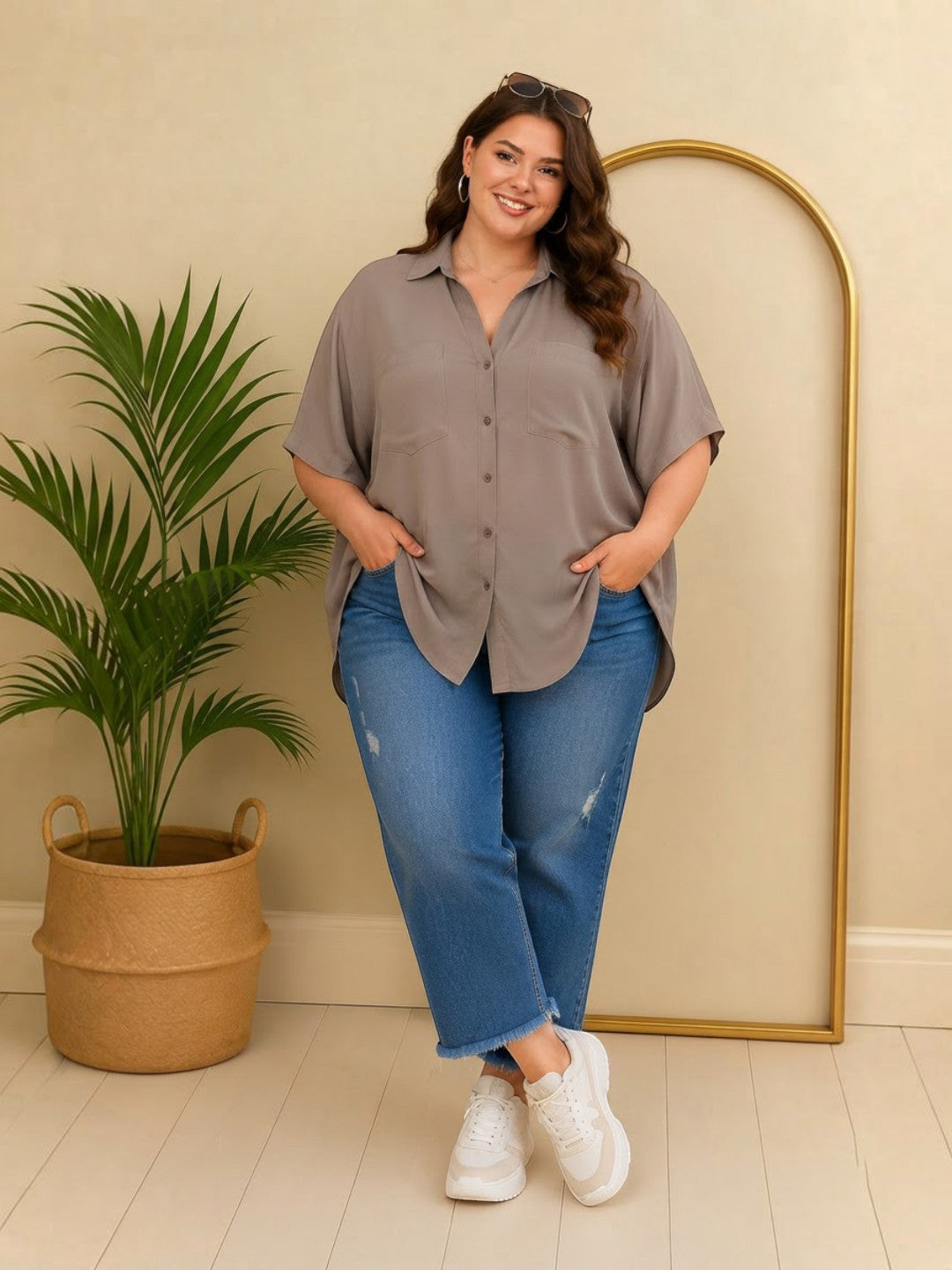 Women Plus Size Grey Cotton Shirt Oxolloxo