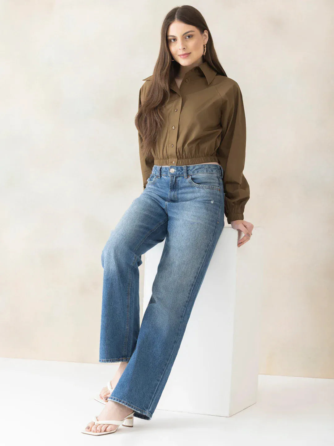 Light Brown Cotton Crop Shirt