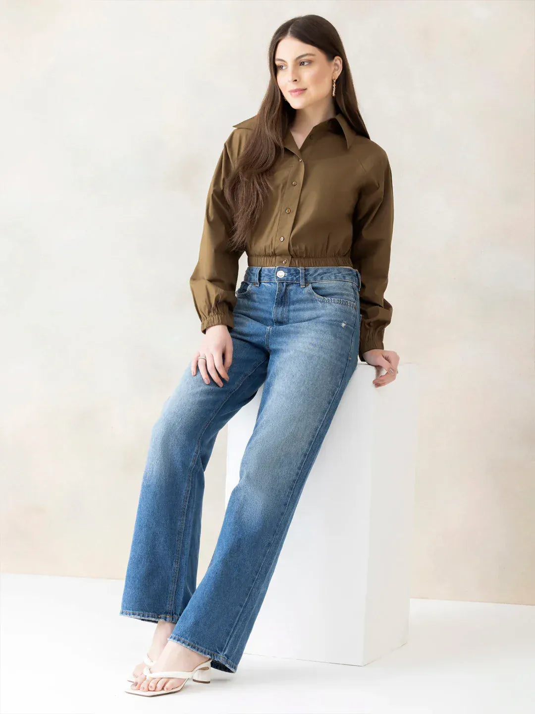 Light Brown Cotton Crop Shirt