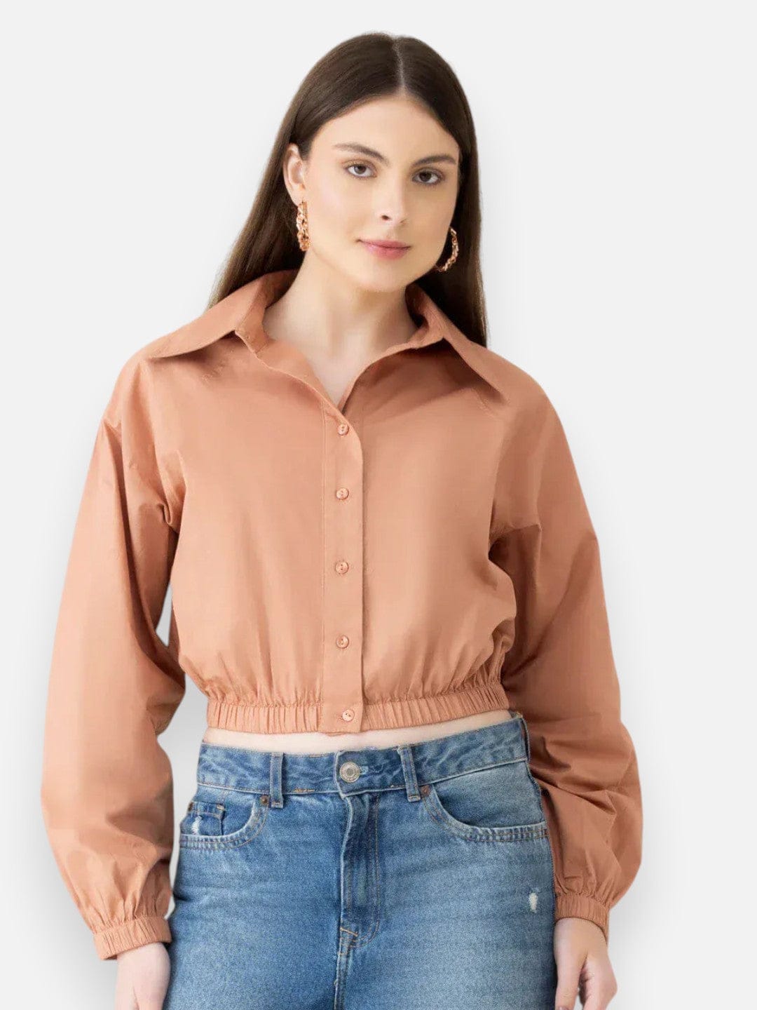Women Light Brown Crop Shirt - Organic Cotton
