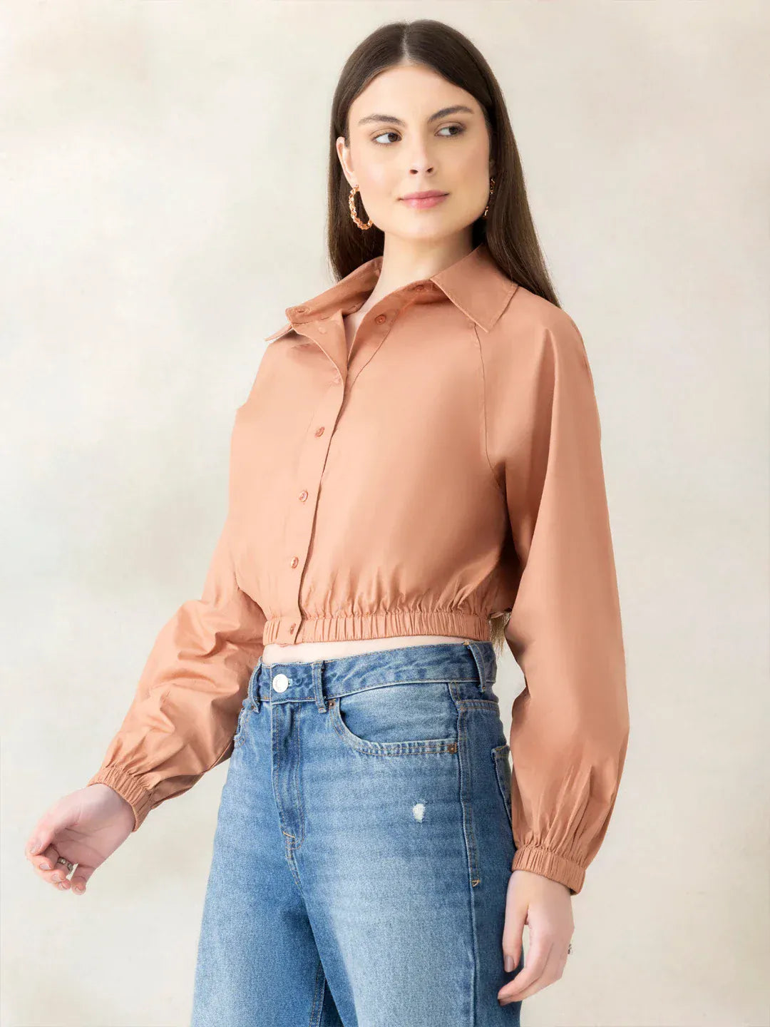 Women Light Brown Crop Shirt   Organic Cotton