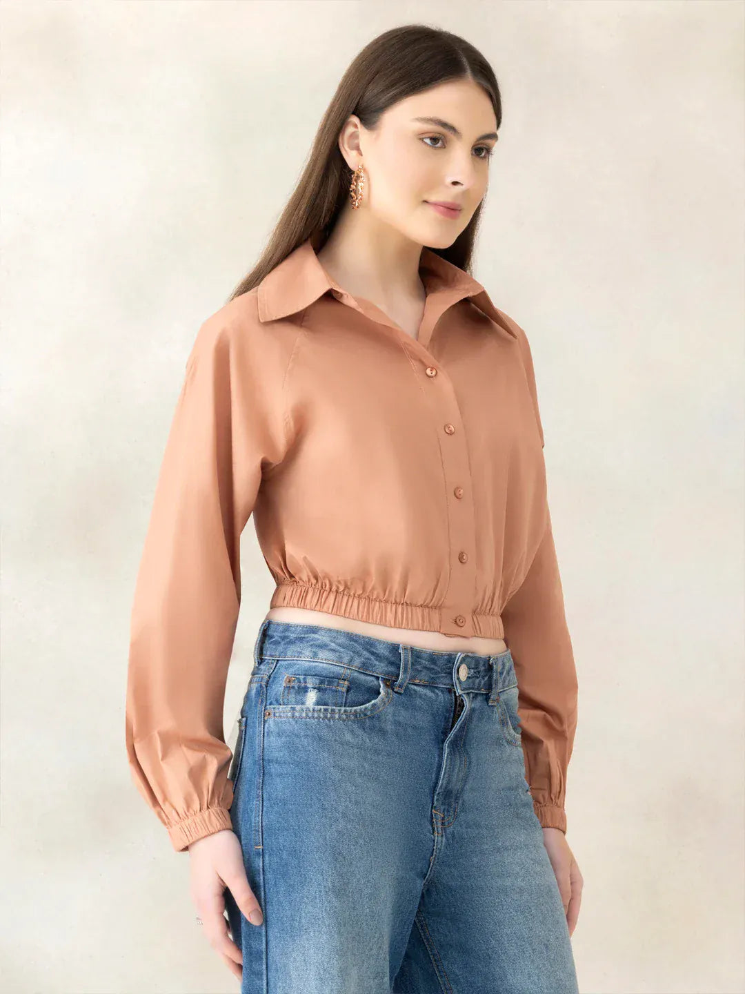Women Light Brown Crop Shirt   Organic Cotton