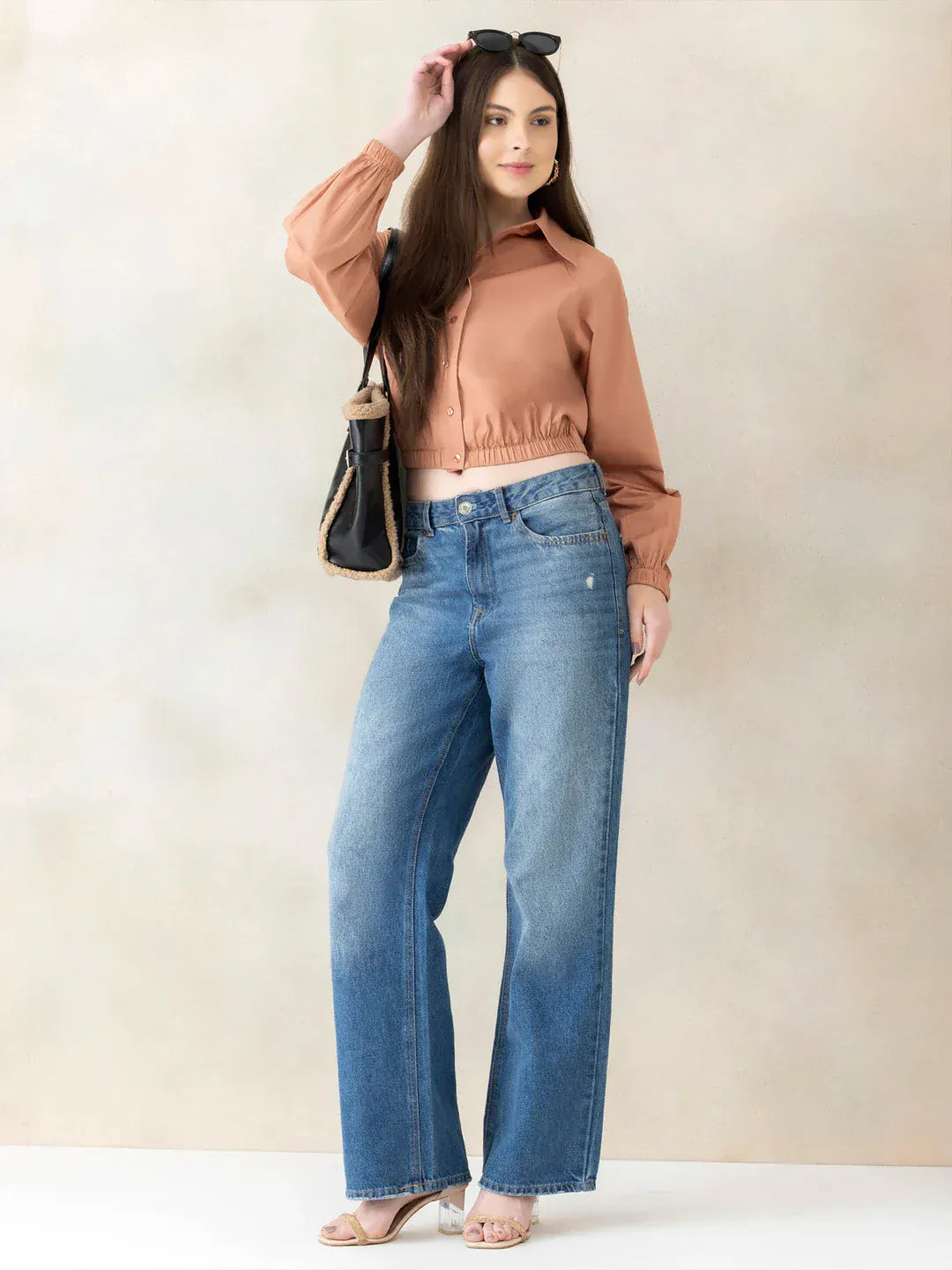 Women Light Brown Crop Shirt   Organic Cotton