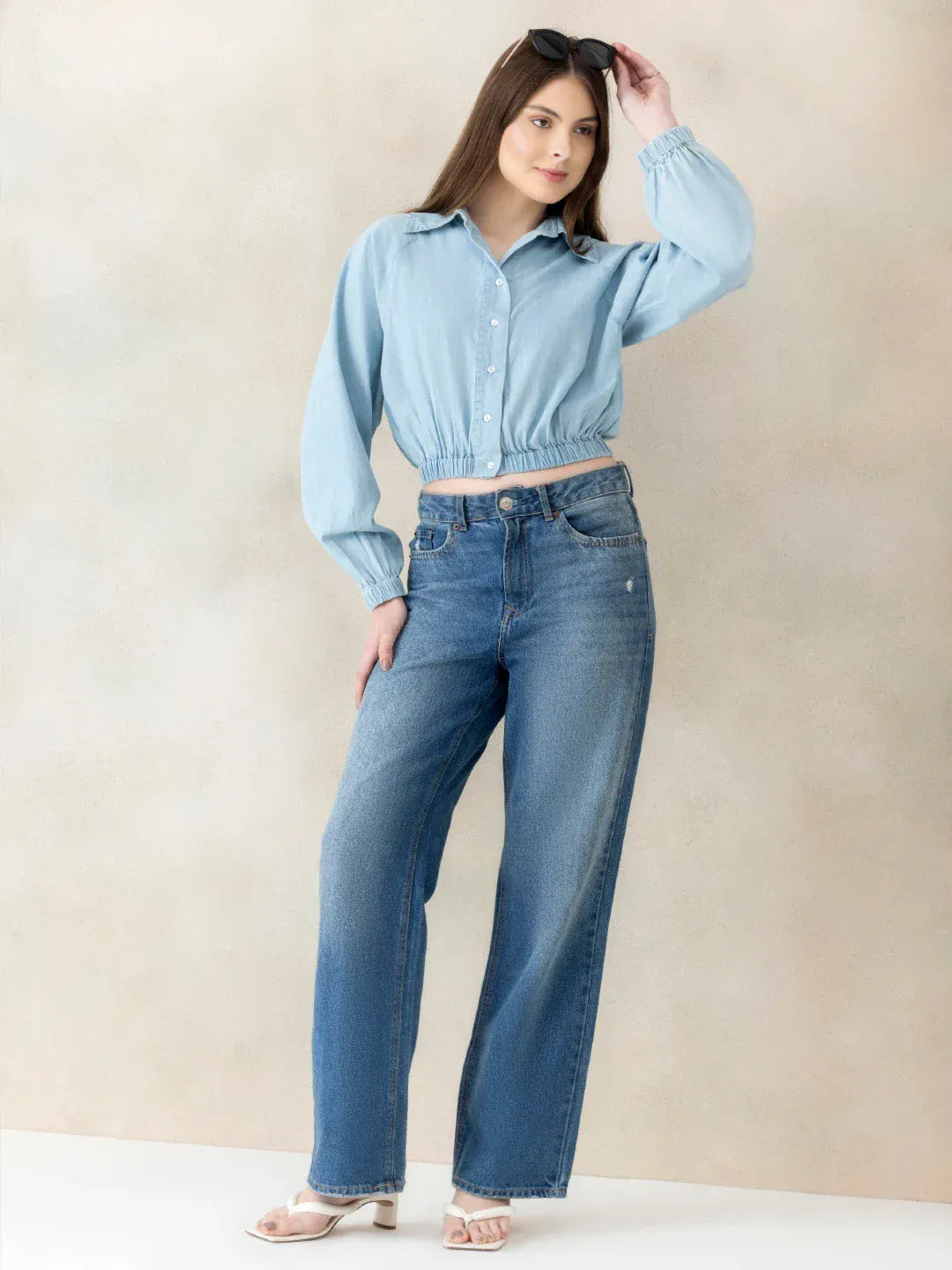 Blue Cotton Crop Shirt